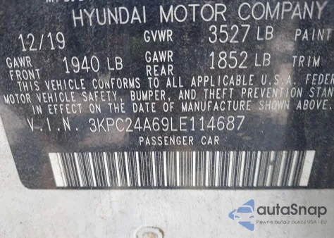 2020 Hyundai Accent Se из США, поврежденный, VIN 3KPC24A69LE114687